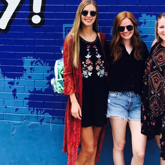 Boutique black dress/cover up with red/orange and light blue tribal detailing - Picture 6 of 7